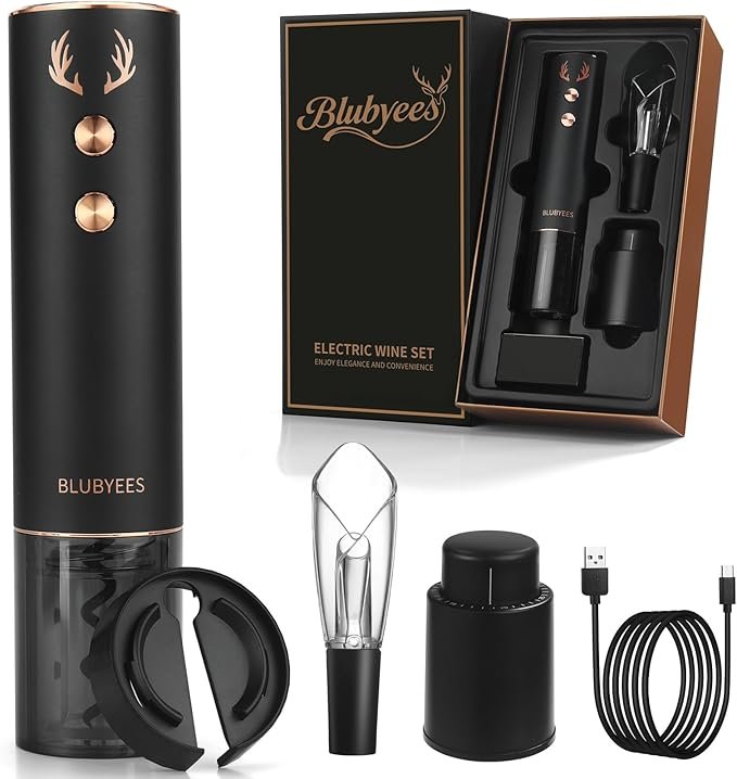 4-in-1 Rechargeable Electric Wine Opener Set - Automatic Corkscrew, Foil Cutter, Aerator Pourer, Vacuum Stopper - Wine Lovers Gifts for Women and Men