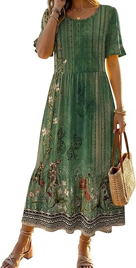 Zeagoo Womens Summer Dresses 2026 Casual Midi Dress Flowy Sundress Ruffle Short Sleeve Tiered Dresses A Line Boho Dress