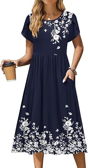 Zeagoo Women Summer Short Sleeve Midi Dress with Pockets Casual Aline Flowy Tshirt Dress Floral Vocation Beach Sundress